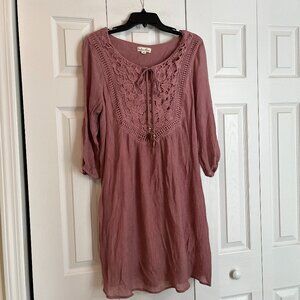 Boho Lace-Detail Long Sleeve Dress - Dusty Rose